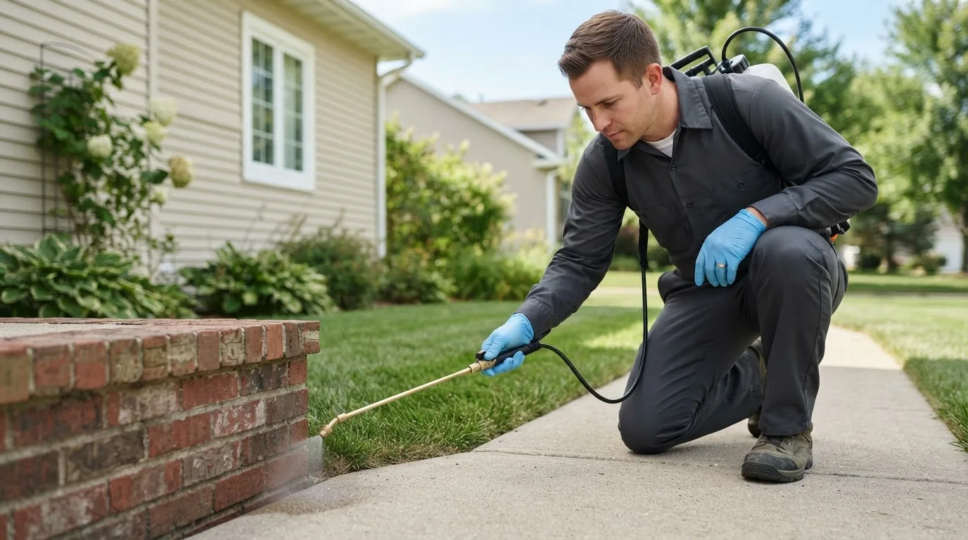 Pest control technician treating a home near Bristow, IN